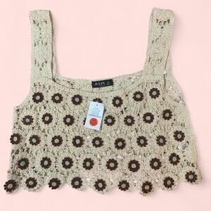 Julia Cream and brown crochet crop top with floral details Size Medium NWT